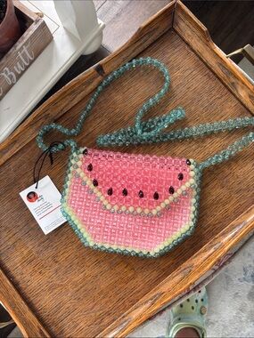 Vintage Acrylic Beaded Pink Watermelon Mini Crossbody Bag with Aqua Strap